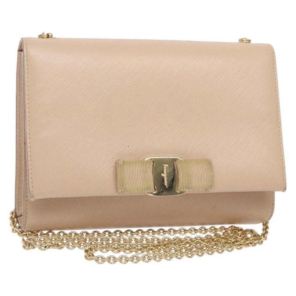 Salvatore Ferragamo Chain Vala Shoulder Bag Leather Beige Gold